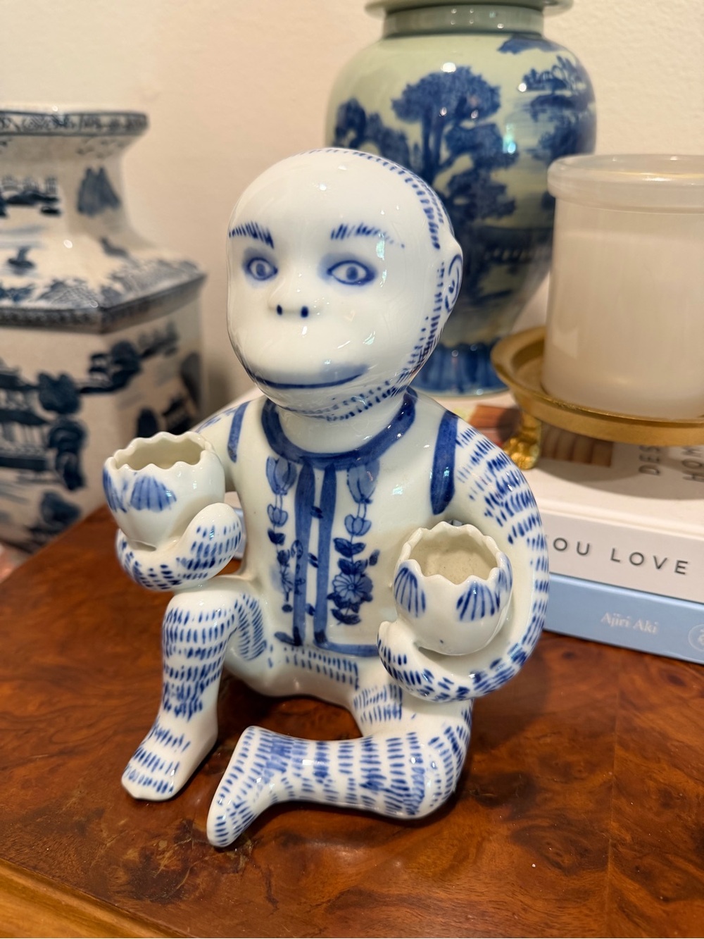 Chinoiserie Blue and White Porcelain Monkey Figurine